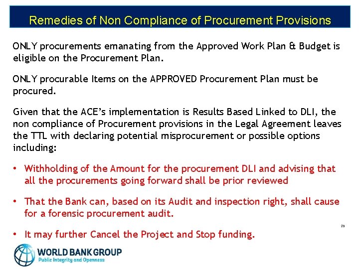 Remedies of Non Compliance of Procurement Provisions ONLY procurements emanating from the Approved Work
