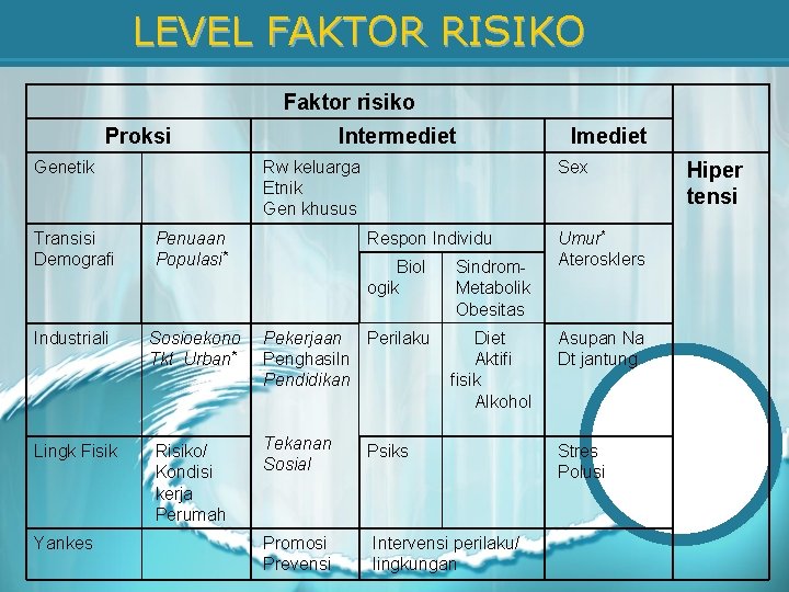 LEVEL FAKTOR RISIKO Faktor risiko Proksi Genetik Rw keluarga Etnik Gen khusus Transisi Demografi