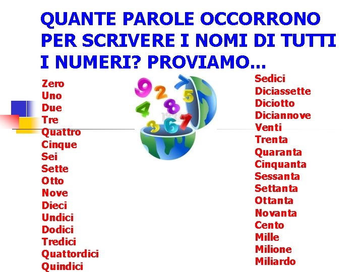 QUANTE PAROLE OCCORRONO PER SCRIVERE I NOMI DI TUTTI I NUMERI? PROVIAMO. . .