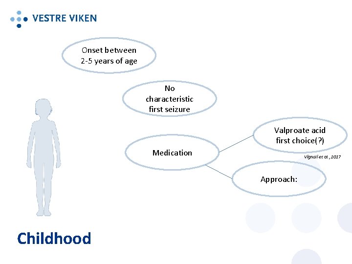 Onset between 2 -5 years of age No characteristic first seizure Valproate acid first Onset between 2 -5 years of age No characteristic first seizure Valproate acid first