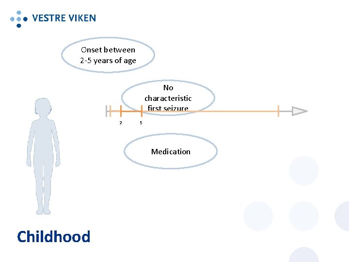 Onset between 2 -5 years of age No characteristic first seizure 2 5 Medication