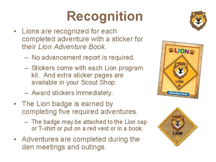 Recognition • Lions are recognized for each completed adventure with a sticker for their