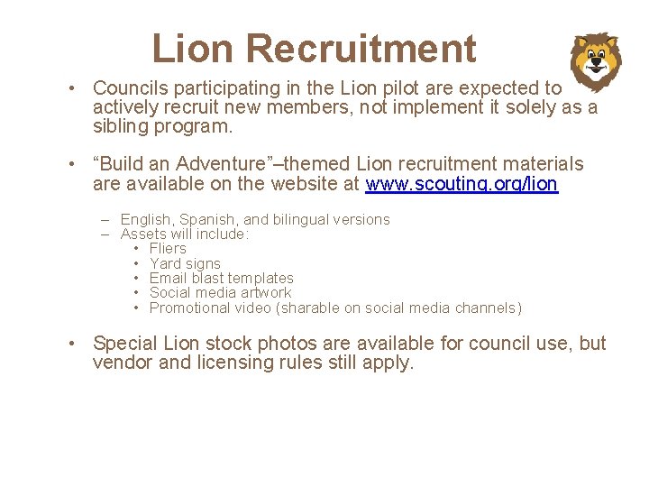 Lion Recruitment • Councils participating in the Lion pilot are expected to actively recruit