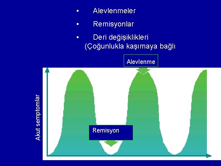 • Alevlenmeler • Remisyonlar • Deri değişiklikleri (Çoğunlukla kaşımaya bağlı Akut semptomlar Alevlenme • Alevlenmeler • Remisyonlar • Deri değişiklikleri (Çoğunlukla kaşımaya bağlı Akut semptomlar Alevlenme