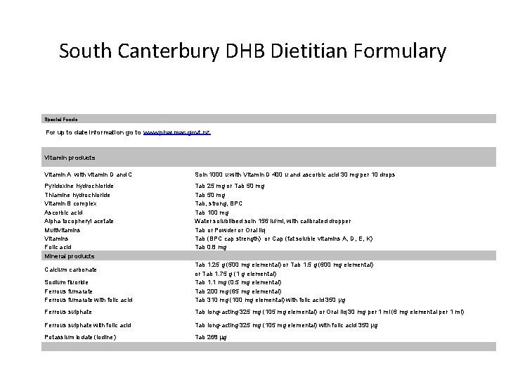 South Canterbury DHB Dietitian Formulary Special Foods For up to date information go to