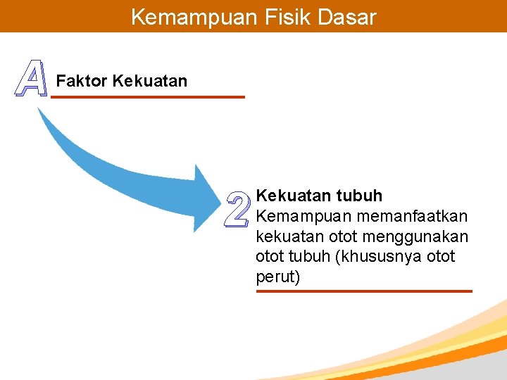 Kemampuan Fisik Dasar A Faktor Kekuatan 2 Kekuatan tubuh Kemampuan memanfaatkan kekuatan otot menggunakan