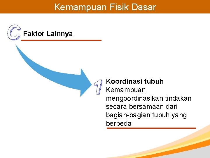 Kemampuan Fisik Dasar C Faktor Lainnya 1 Koordinasi tubuh Kemampuan mengoordinasikan tindakan secara bersamaan