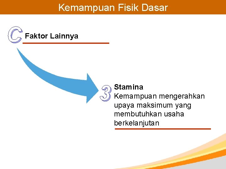 Kemampuan Fisik Dasar C Faktor Lainnya 3 Stamina Kemampuan mengerahkan upaya maksimum yang membutuhkan