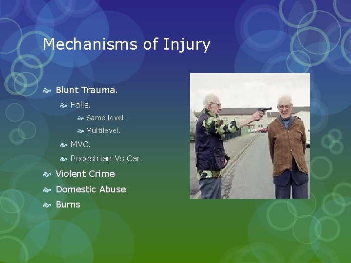 Mechanisms of Injury Blunt Trauma. Falls. Same level. Multilevel. MVC. Pedestrian Vs Car. Violent Mechanisms of Injury Blunt Trauma. Falls. Same level. Multilevel. MVC. Pedestrian Vs Car. Violent