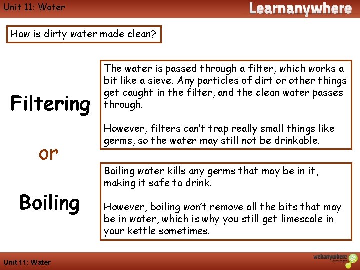 Geography Unit 11: Water How is dirty water made clean? Filtering or Boiling Unit