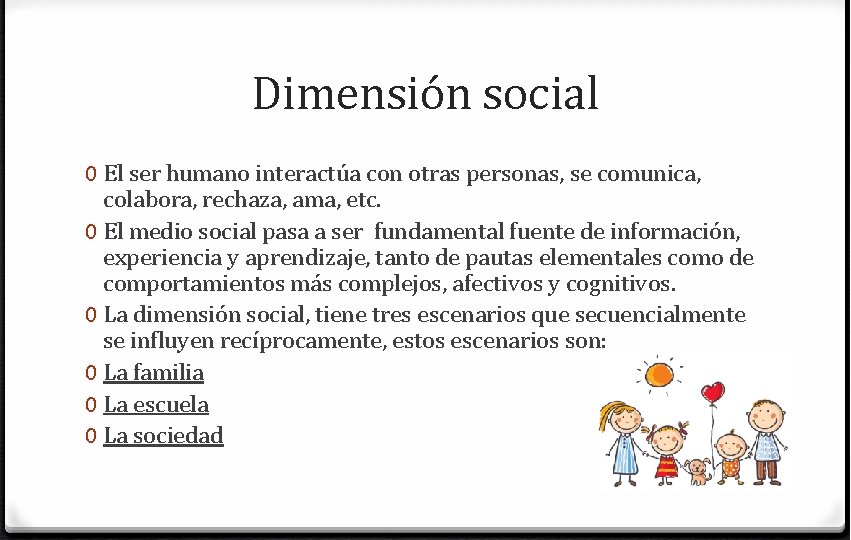 Dimensión social 0 El ser humano interactúa con otras personas, se comunica, colabora, rechaza,