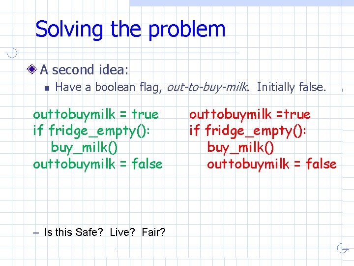 Solving the problem A second idea: Have a boolean flag, out-to-buy-milk. Initially false. outtobuymilk Solving the problem A second idea: Have a boolean flag, out-to-buy-milk. Initially false. outtobuymilk