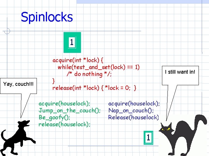 Spinlocks 1 Yay, couch!!! acquire(int *lock) { while(test_and_set(lock) == 1) /* do nothing */; Spinlocks 1 Yay, couch!!! acquire(int *lock) { while(test_and_set(lock) == 1) /* do nothing */;