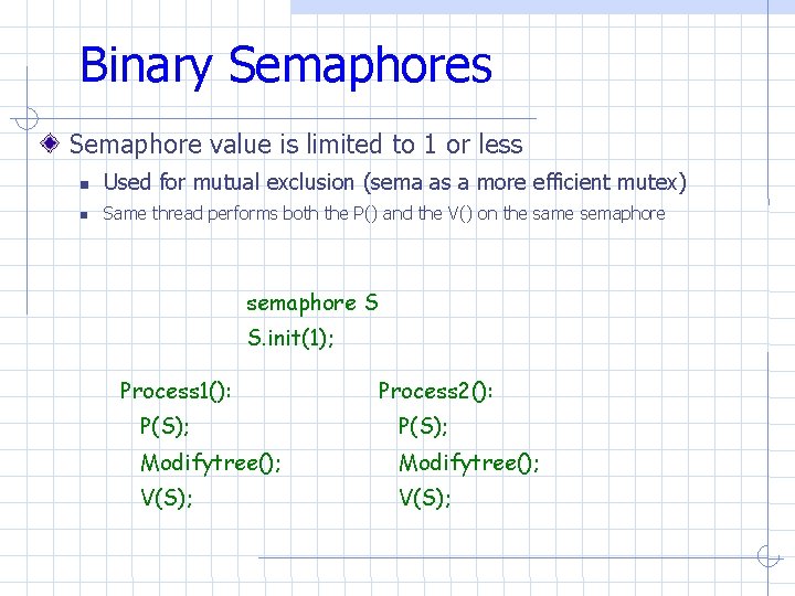 Binary Semaphores Semaphore value is limited to 1 or less Used for mutual exclusion Binary Semaphores Semaphore value is limited to 1 or less Used for mutual exclusion