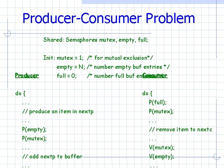 Producer-Consumer Problem Shared: Semaphores mutex, empty, full; Init: mutex = 1; /* for mutual Producer-Consumer Problem Shared: Semaphores mutex, empty, full; Init: mutex = 1; /* for mutual