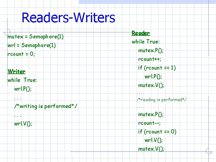 Readers-Writers mutex = Semaphore(1) wrl = Semaphore(1) rcount = 0; Writer while True: wrl. Readers-Writers mutex = Semaphore(1) wrl = Semaphore(1) rcount = 0; Writer while True: wrl.