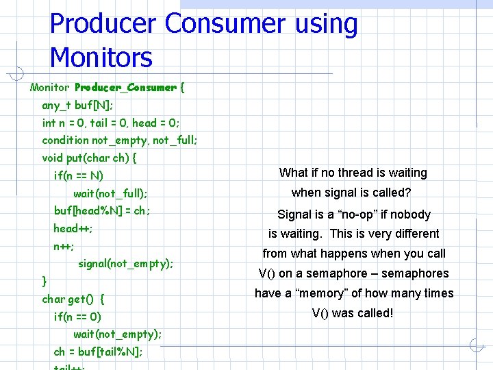 Producer Consumer using Monitors Monitor Producer_Consumer { any_t buf[N]; int n = 0, tail