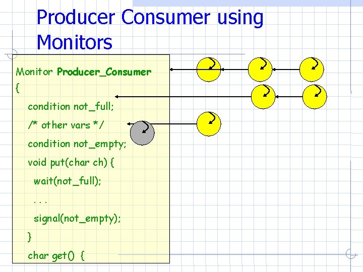 Producer Consumer using Monitors Monitor Producer_Consumer { condition not_full; /* other vars */ condition Producer Consumer using Monitors Monitor Producer_Consumer { condition not_full; /* other vars */ condition