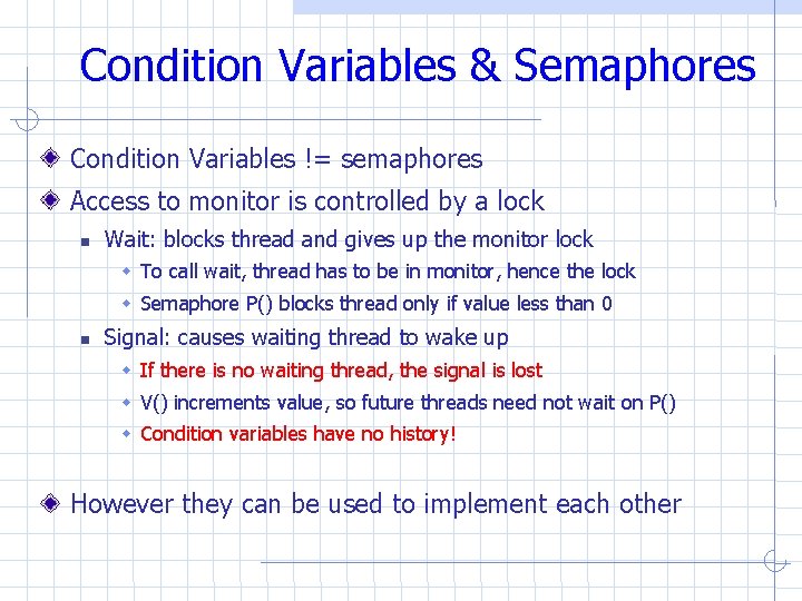 Condition Variables & Semaphores Condition Variables != semaphores Access to monitor is controlled by Condition Variables & Semaphores Condition Variables != semaphores Access to monitor is controlled by