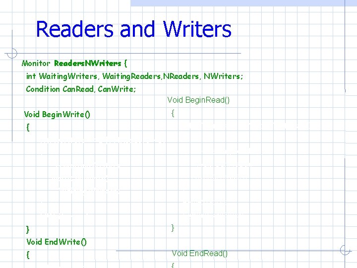 Readers and Writers Monitor Readers. NWriters { int Waiting. Writers, Waiting. Readers, NWriters; Condition Readers and Writers Monitor Readers. NWriters { int Waiting. Writers, Waiting. Readers, NWriters; Condition