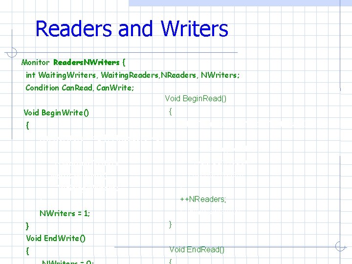 Readers and Writers Monitor Readers. NWriters { int Waiting. Writers, Waiting. Readers, NWriters; Condition Readers and Writers Monitor Readers. NWriters { int Waiting. Writers, Waiting. Readers, NWriters; Condition
