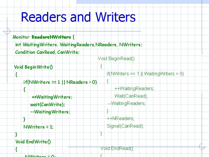 Readers and Writers Monitor Readers. NWriters { int Waiting. Writers, Waiting. Readers, NWriters; Condition Readers and Writers Monitor Readers. NWriters { int Waiting. Writers, Waiting. Readers, NWriters; Condition