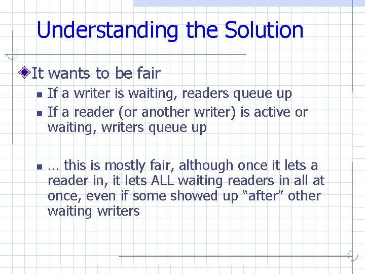 Understanding the Solution It wants to be fair If a writer is waiting, readers Understanding the Solution It wants to be fair If a writer is waiting, readers