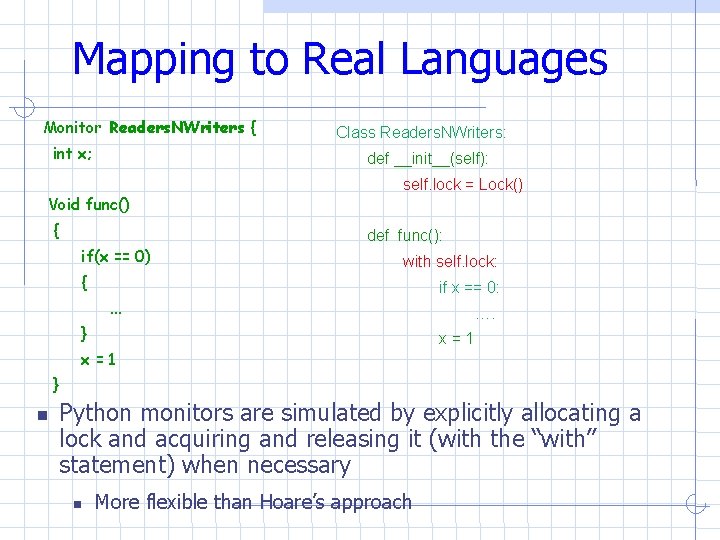 Mapping to Real Languages Monitor Readers. NWriters { int x; Class Readers. NWriters: def Mapping to Real Languages Monitor Readers. NWriters { int x; Class Readers. NWriters: def