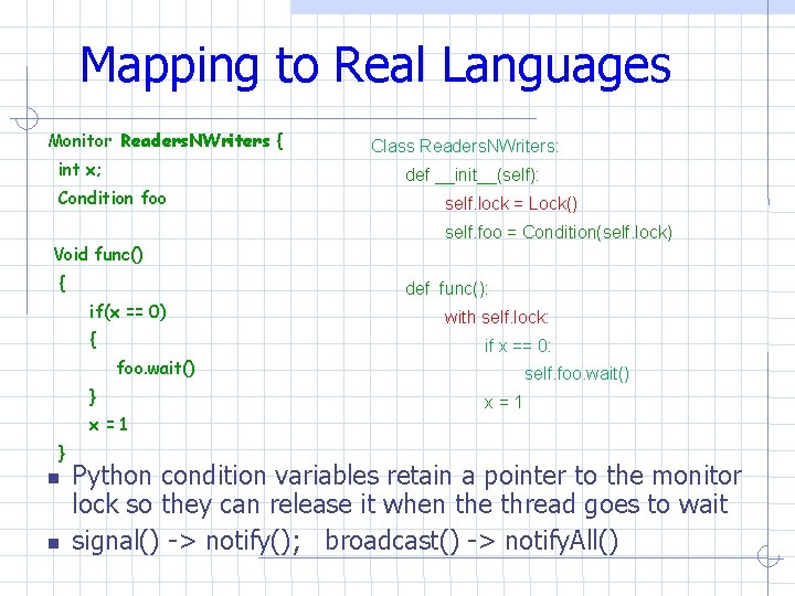 Mapping to Real Languages Monitor Readers. NWriters { int x; Condition foo Void func() Mapping to Real Languages Monitor Readers. NWriters { int x; Condition foo Void func()