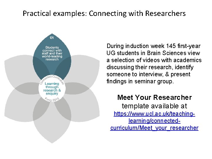 Practical examples: Connecting with Researchers During induction week 145 first-year UG students in Brain