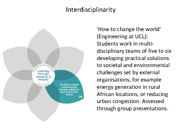 Interdisciplinarity ‘How to change the world’ (Engineering at UCL): Students work in multidisciplinary teams