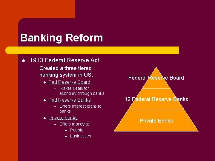 Banking Reform l 1913 Federal Reserve Act – Created a three tiered banking system