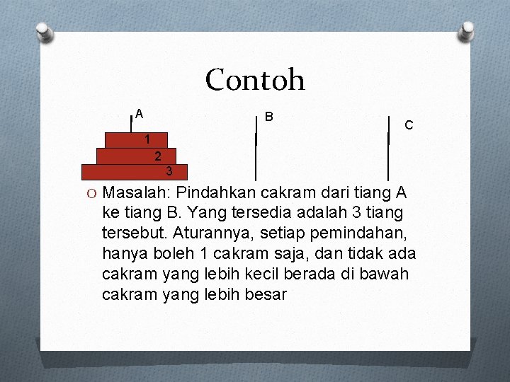 Contoh A B 1 C 2 3 O Masalah: Pindahkan cakram dari tiang A