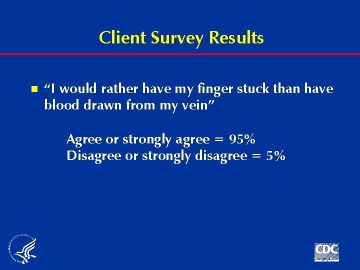 Client Survey Results n “I would rather have my finger stuck than have blood