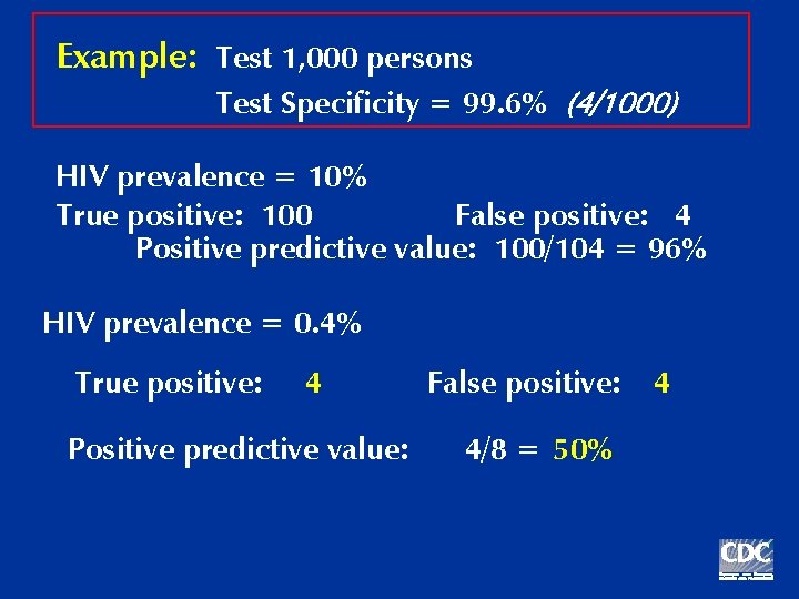 Example: Test 1, 000 persons Test Specificity = 99. 6% (4/1000) HIV prevalence =