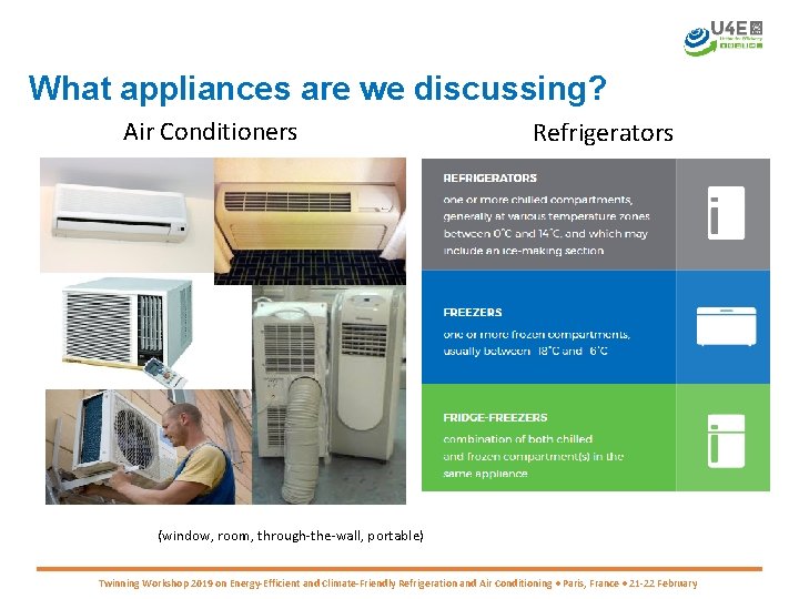 What appliances are we discussing? Air Conditioners Refrigerators (window, room, through-the-wall, portable) Twinning Workshop