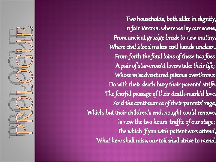 PROLOGUE Two households, both alike in dignity, In fair Verona, where we lay our