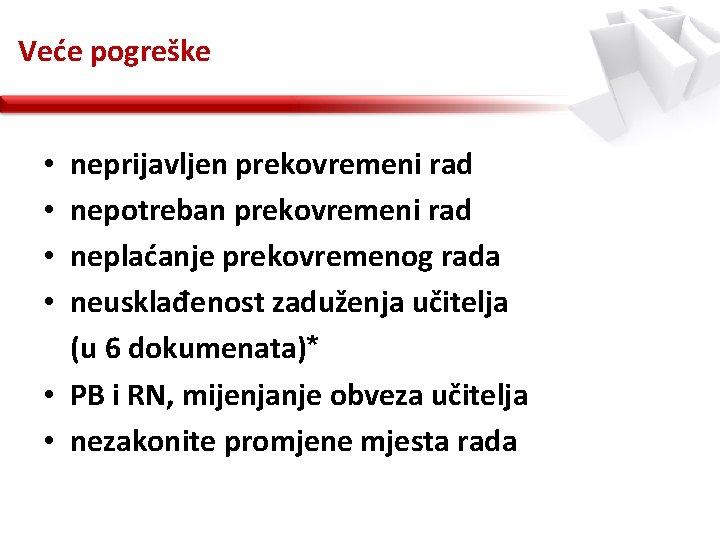 Veće pogreške neprijavljen prekovremeni rad nepotreban prekovremeni rad neplaćanje prekovremenog rada neusklađenost zaduženja učitelja