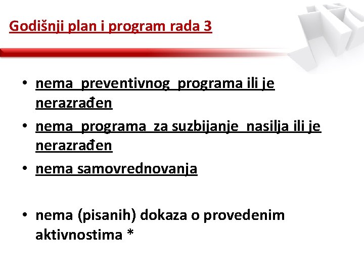 Godišnji plan i program rada 3 • nema preventivnog programa ili je nerazrađen •