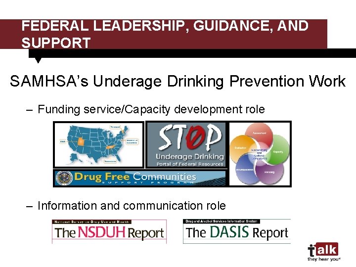 FEDERAL LEADERSHIP, GUIDANCE, AND SUPPORT SAMHSA’s Underage Drinking Prevention Work – Funding service/Capacity development