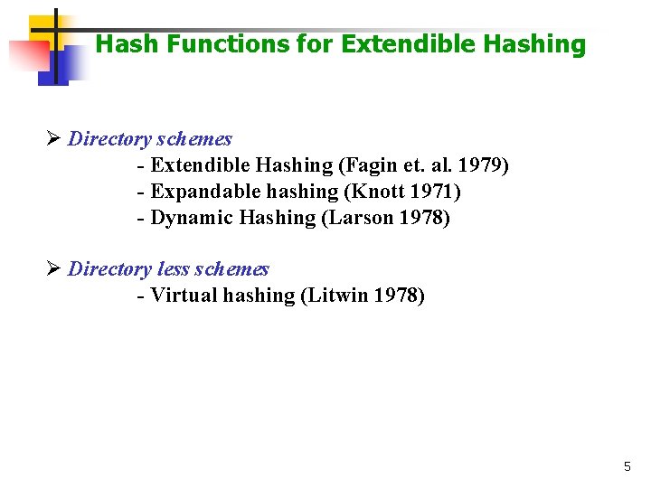 Hash Functions for Extendible Hashing Ø Directory schemes - Extendible Hashing (Fagin et. al.