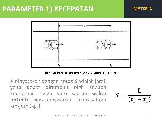 PARAMETER 1) KECEPATAN MATERI 1 Gambar Penjelasan Tentang Kecepatan Lalu Lintas Ødinyatakan dengan notasi