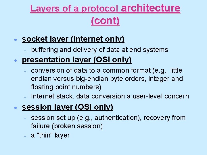 Layers of a protocol architecture (cont) · socket layer (Internet only) · · presentation