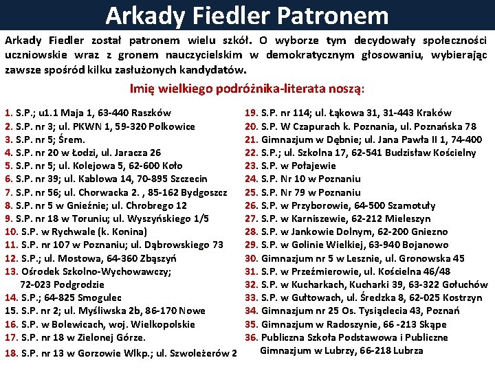 Arkady Fiedler Patronem Arkady Fiedler został patronem wielu szkół. O wyborze tym decydowały społeczności