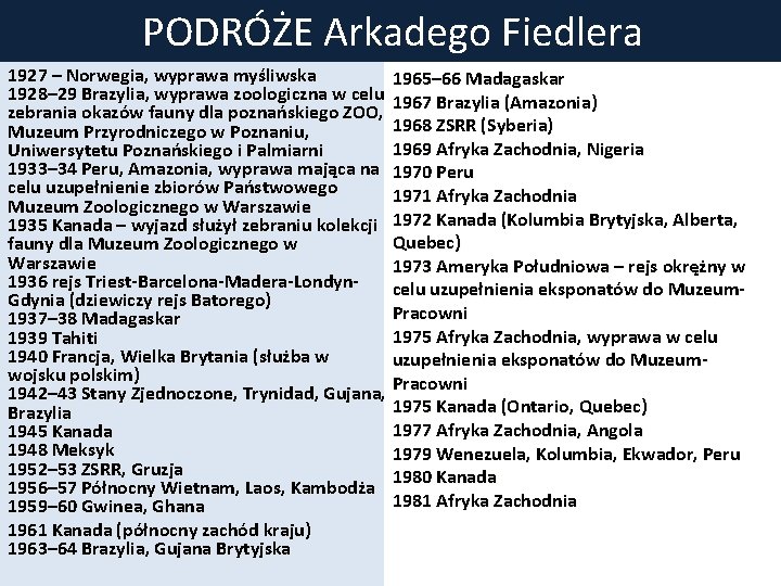 PODRÓŻE Arkadego Fiedlera 1927 – Norwegia, wyprawa myśliwska 1965– 66 Madagaskar 1928– 29 Brazylia,