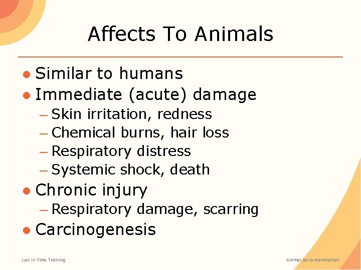 Affects To Animals ● Similar to humans ● Immediate (acute) damage – Skin irritation, Affects To Animals ● Similar to humans ● Immediate (acute) damage – Skin irritation,
