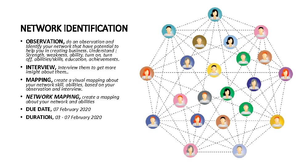 NETWORK IDENTIFICATION • OBSERVATION, do an observation and Identify your network that have potential