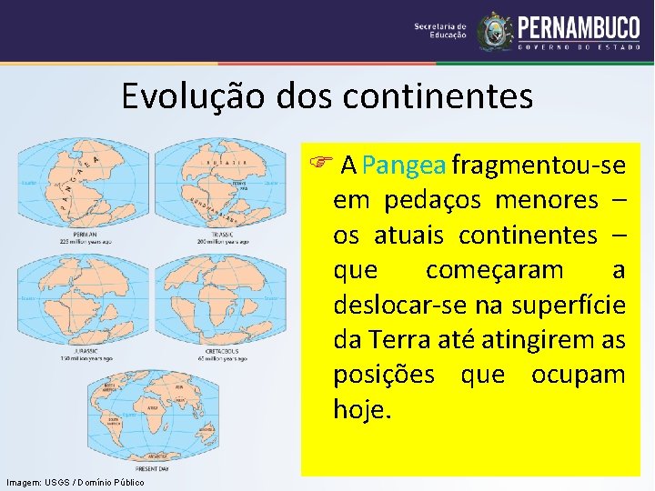 Evolução dos continentes A Pangea fragmentou-se em pedaços menores – os atuais continentes –
