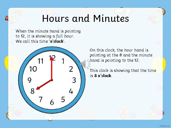 Hours and Minutes When the minute hand is pointing to 12, it is showing