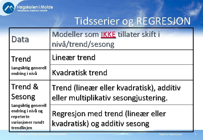 Tidsserier og REGRESJON Data Modeller som IKKE tillater skift i nivå/trend/sesong Trend Lineær trend